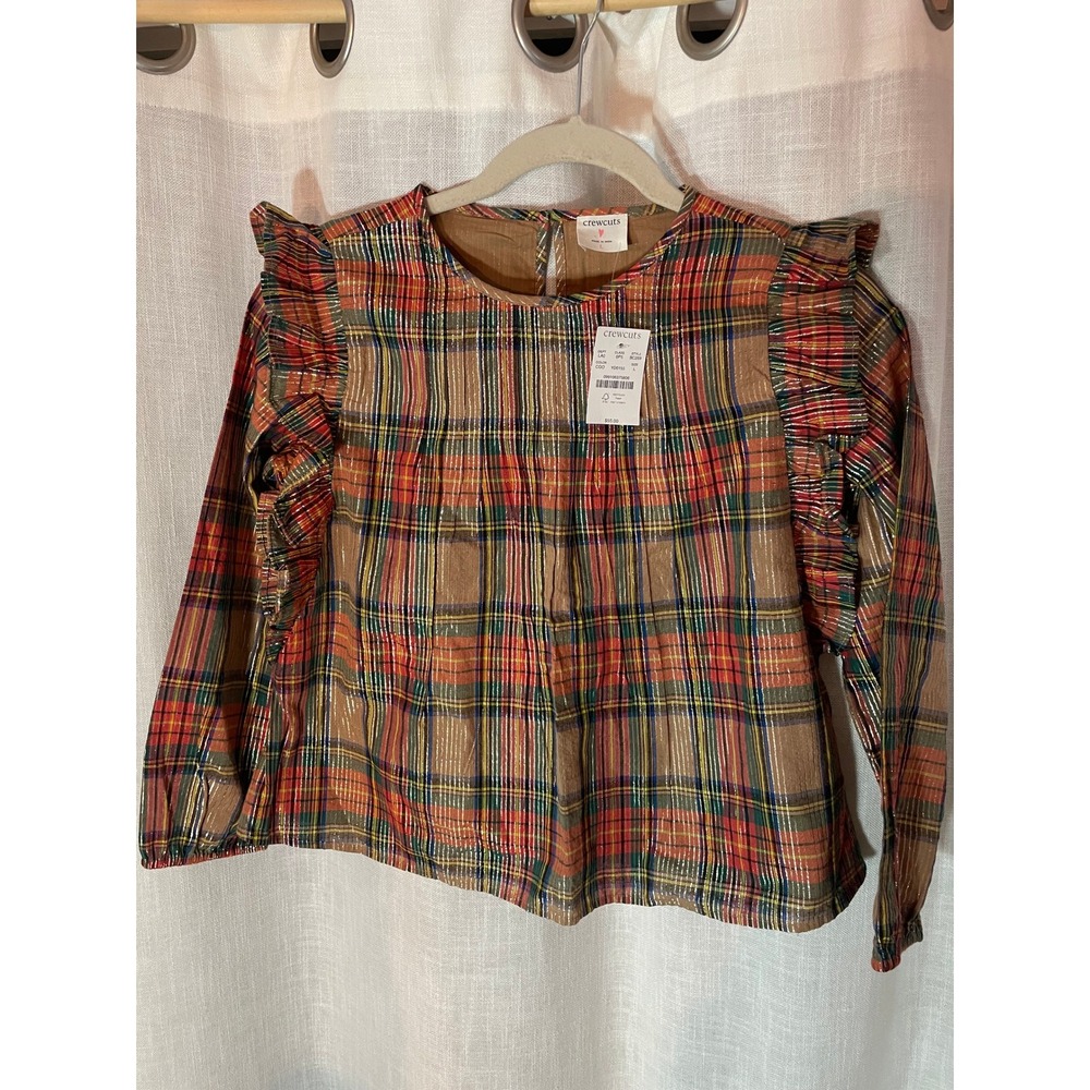 Crewcuts NWT Girls Plaid Metallic Ruffle Long Sleeve Top Size Large Holiday